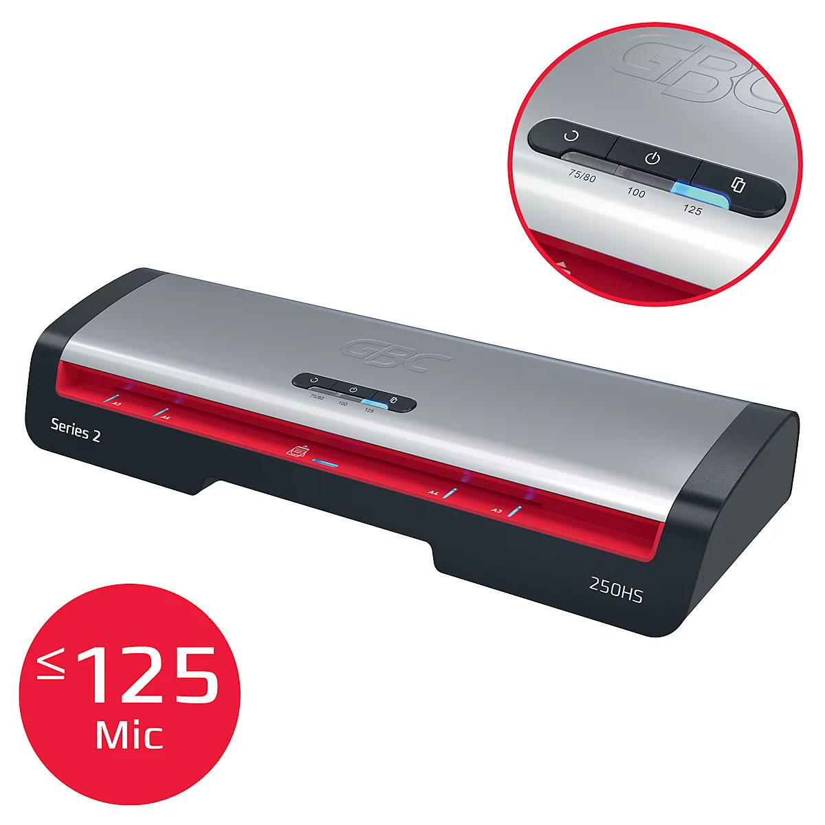 Grauer Laminator mit roter Akzentfarbe. Ein vergrößertes Detail zeigt die Bedienknöpfe mit Temperaturanzeige. Darunter ein roter Kreis mit Schriftzug: ≤125 Mic.