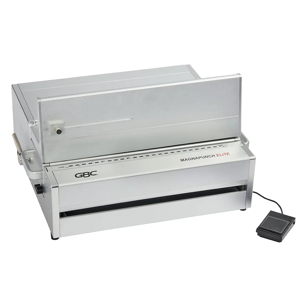 Machine de perforation et de reliure GBC MagnaPunch Elite argentée. Avec pédale et inscription 'MAGNAPUNCH ELITE'.