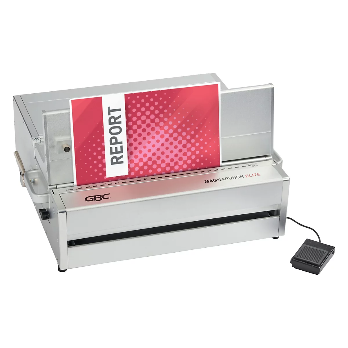 Machine à relier argentée avec un document rouge portant l'inscription "REPORT". Pédale.