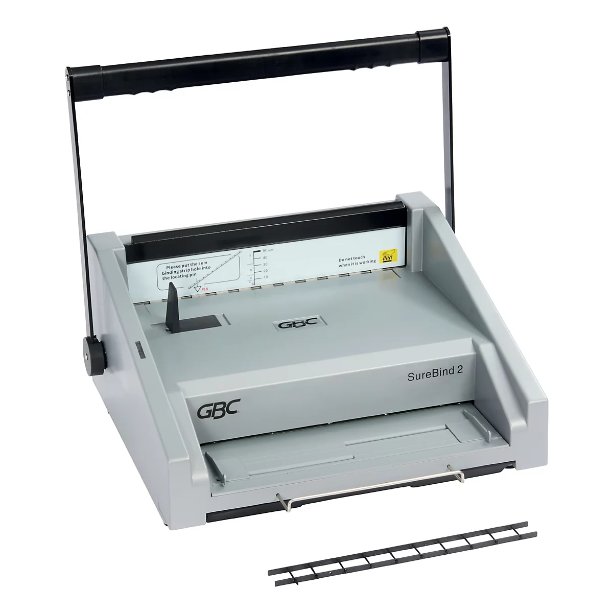 Grijze GBC SureBind 2 bindmachine tegen een witte achtergrond. Zwarte handgreep en zwarte kam liggen rechtsonder.