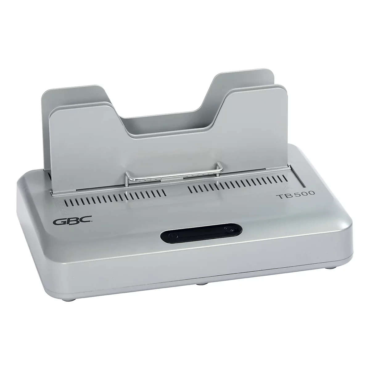 Grijze thermische bindmachine, GBC TB500. Bovenkant met plank, voorkant met zwarte knop. Opschrift "GBC" en "TB500".