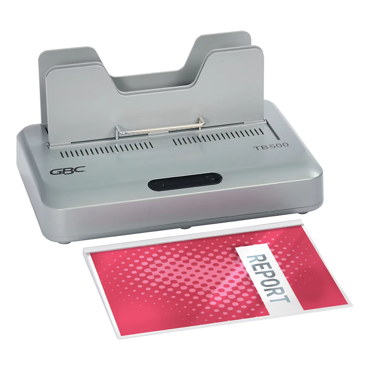 Grijze bindmachine met open vak. Daaronder een rood rapport met witte 'REPORT' letters.