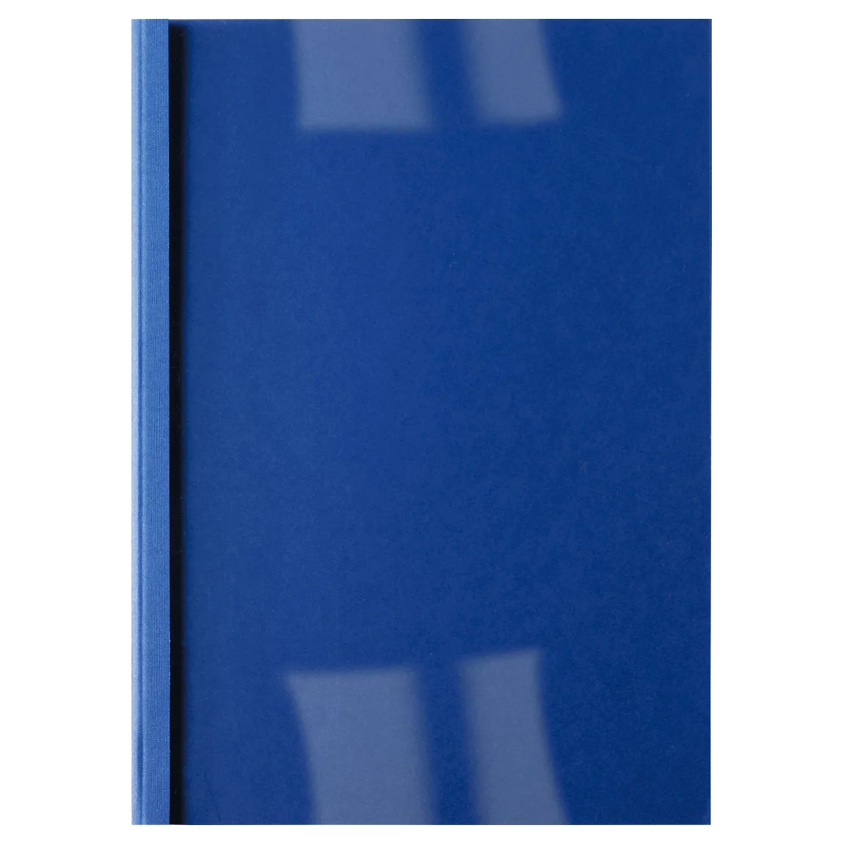 A blue notebook with a white stripe on the left edge, the cover is glossy.