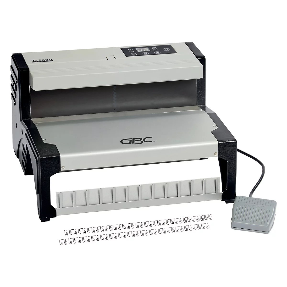 Grijs-zwarte bindmachine met voetpedaal en draadkammen.