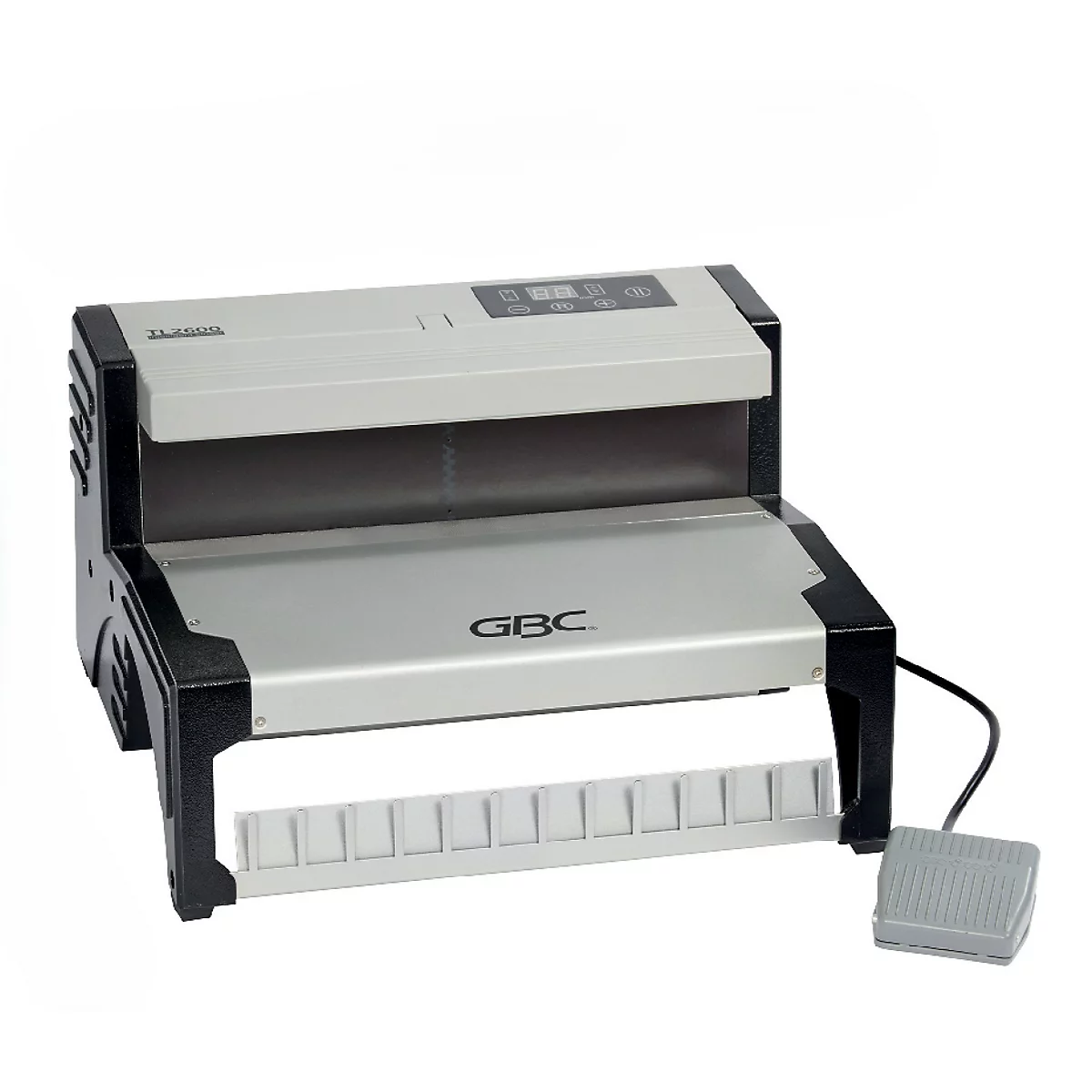 Grauer GBC-Bindemascine mit Fußpedal. Auf der Oberfläche steht "GBC".