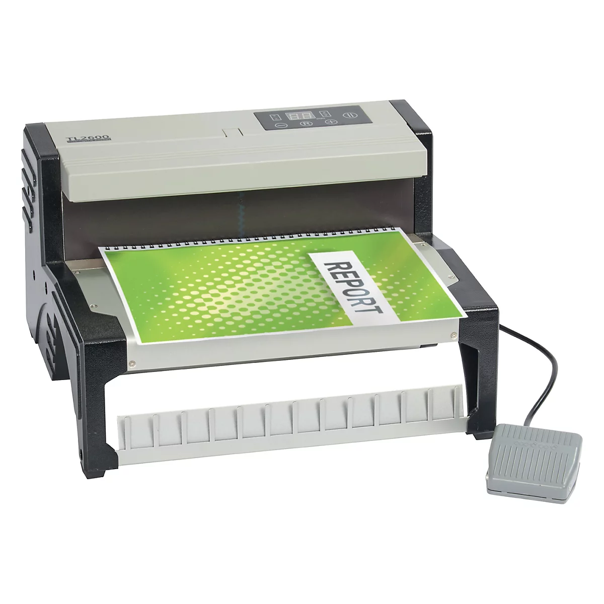 Machine à relier grise avec un rapport inséré. Une pédale est visible à droite.