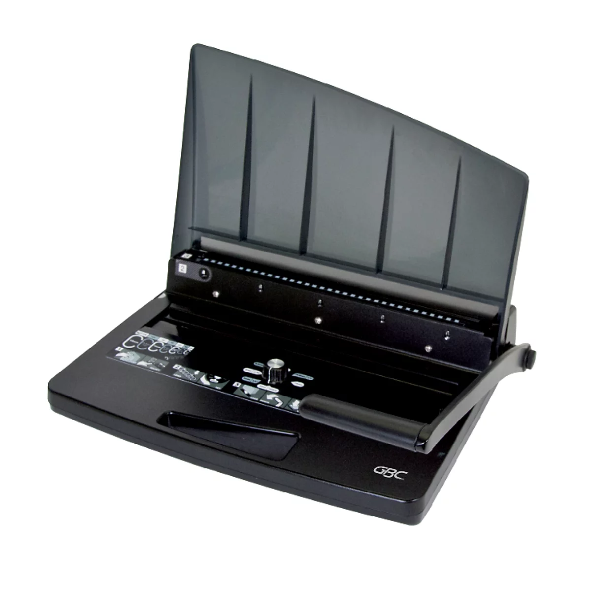Zwarte GBC bindmachine met open deksel en bedieningspaneel.