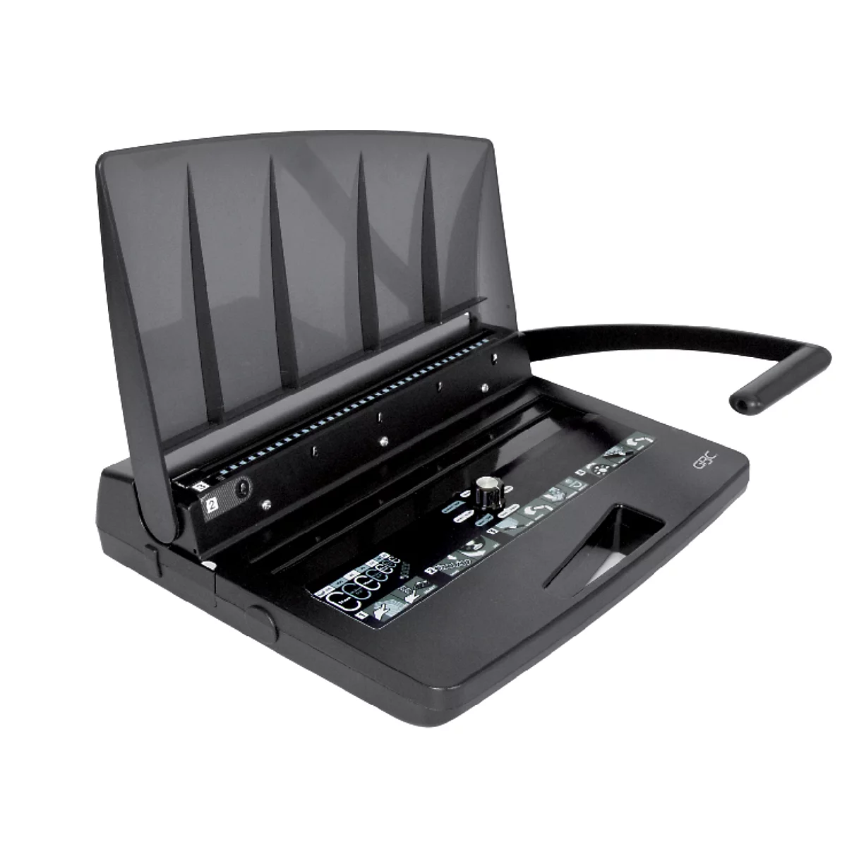 Zwarte bindmachine op witte achtergrond. Bovenkant open, bediening zichtbaar.