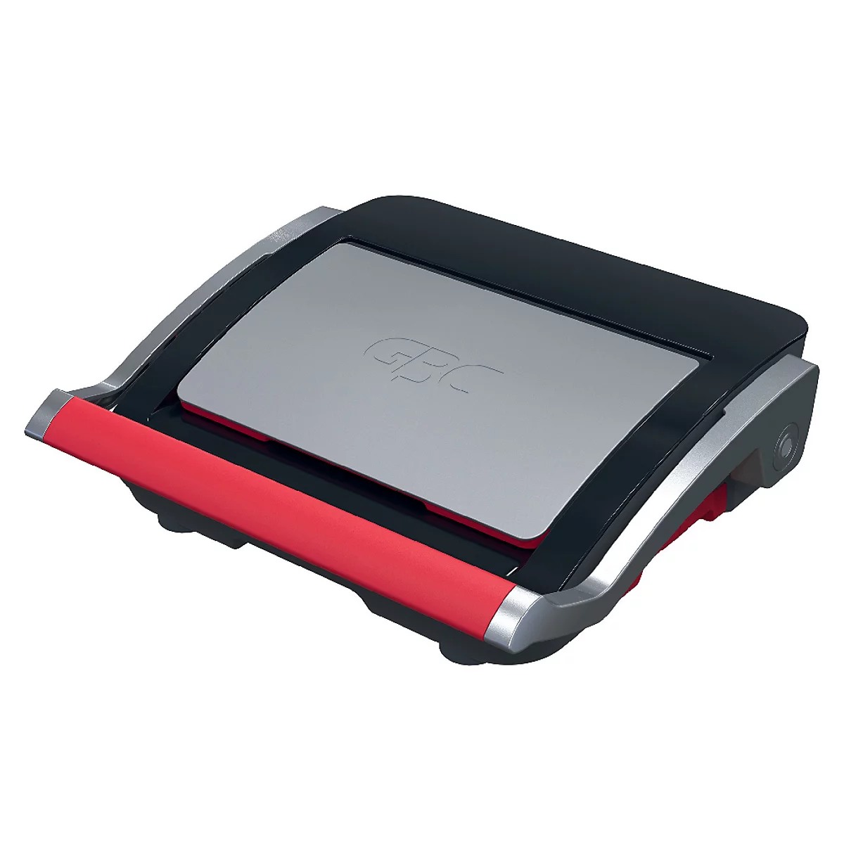 Laminateur gris avec bande rouge et couvercle noir, logo GBC.