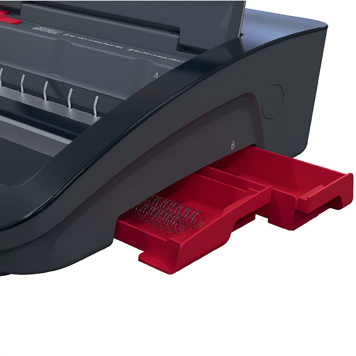 Detail van een zwart en rood bindmachine met rode opvangbakken.