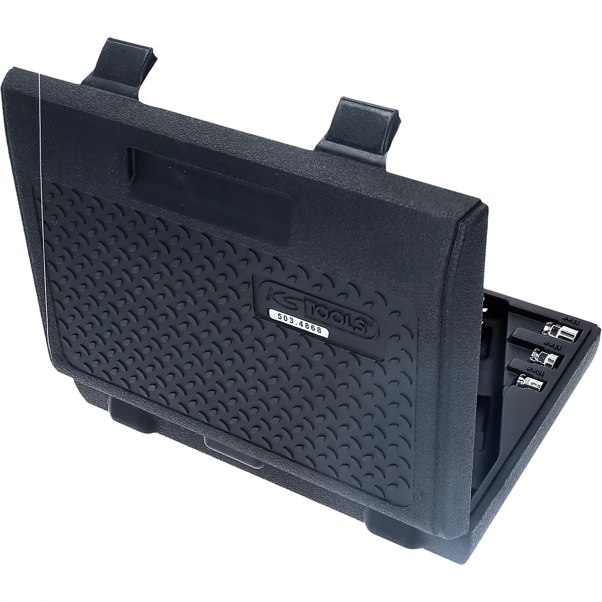 Schwarzer Werkzeugkoffer, teilweise geöffnet, mit Werkzeugen. KSTOOLS Logo und Artikelnummer sichtbar.