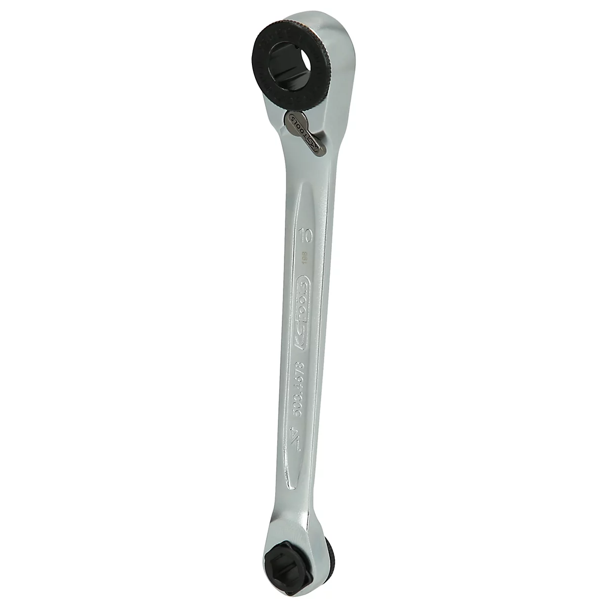 Metall-Ratschenschlüssel mit schwarzen Öffnungen und hellem, glänzendem Gehäuse.