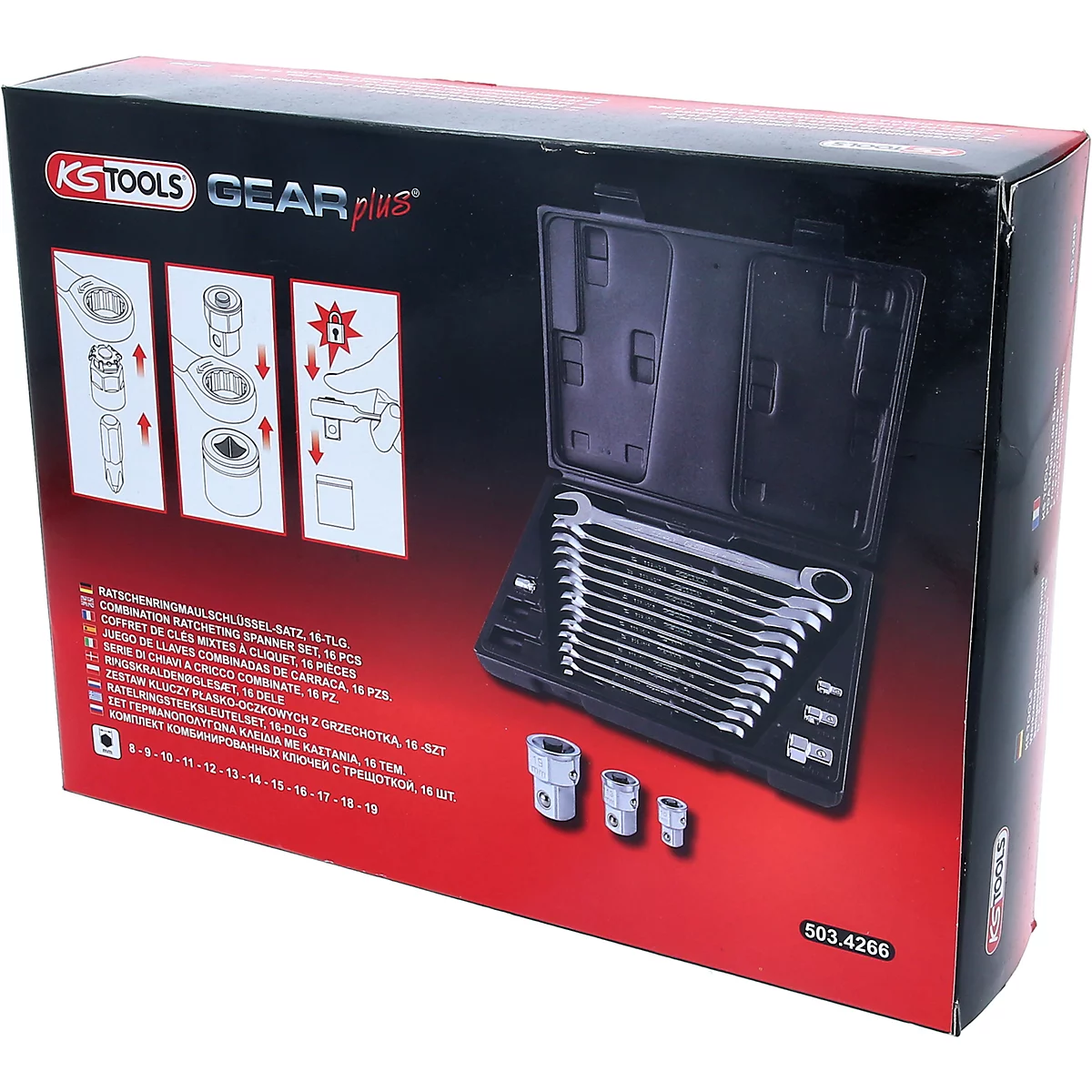 Werkzeugkasten mit Inbusschlüsseln und Steckschlüsseln. Aufschrift KS Tools Gear Plus.