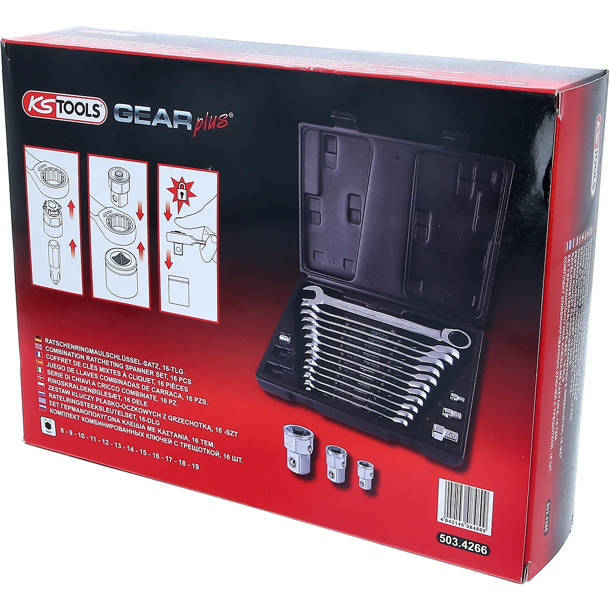 Werkzeugkasten mit Schraubenschlüsseln, Steckschlüsseln und Anleitung. Schwarze Box mit roten Akzenten, Logo und Text.