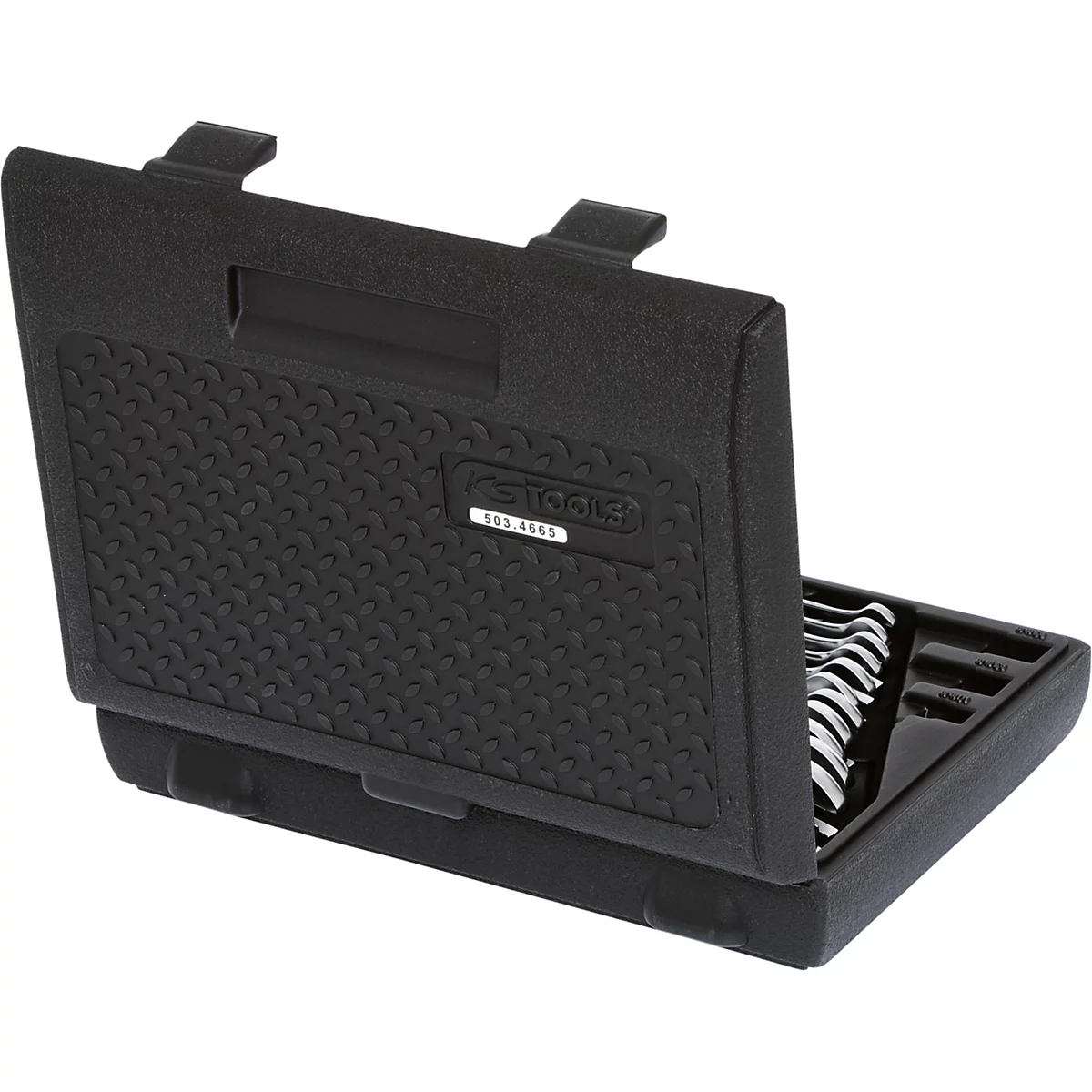 Schwarzer Werkzeugkoffer mit Schraubenschlüsseln. Die Box ist halb geöffnet. Links ist ein KSTOOLS-Logo mit der Artikelnummer.