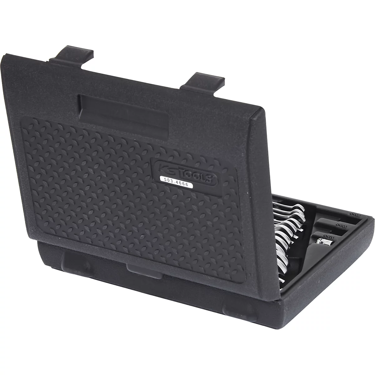 Schwarzer Werkzeugkoffer, geöffnet, mit Ringschlüsseln. Auf dem Deckel steht 'KS TOOLS'.