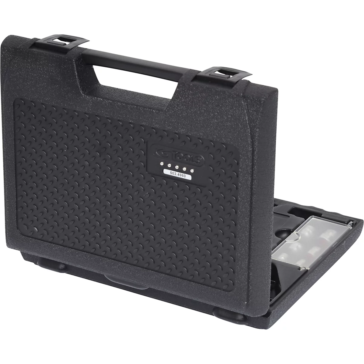 Schwarzer Werkzeugkoffer mit geöffnetem Deckel. Text und eine Reihe von Lichtern sind zu sehen.