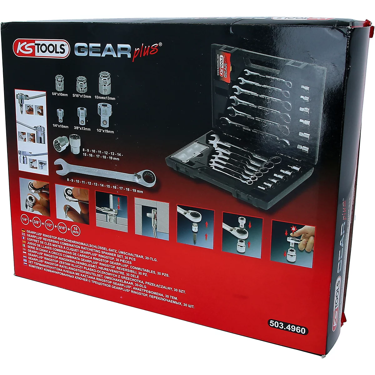 Ein Werkzeugkasten mit KS Tools Gear Plus Werkzeugen. Gezeigt sind Schraubenschlüssel und Steckschlüssel. Die Verpackung ist rot und schwarz.