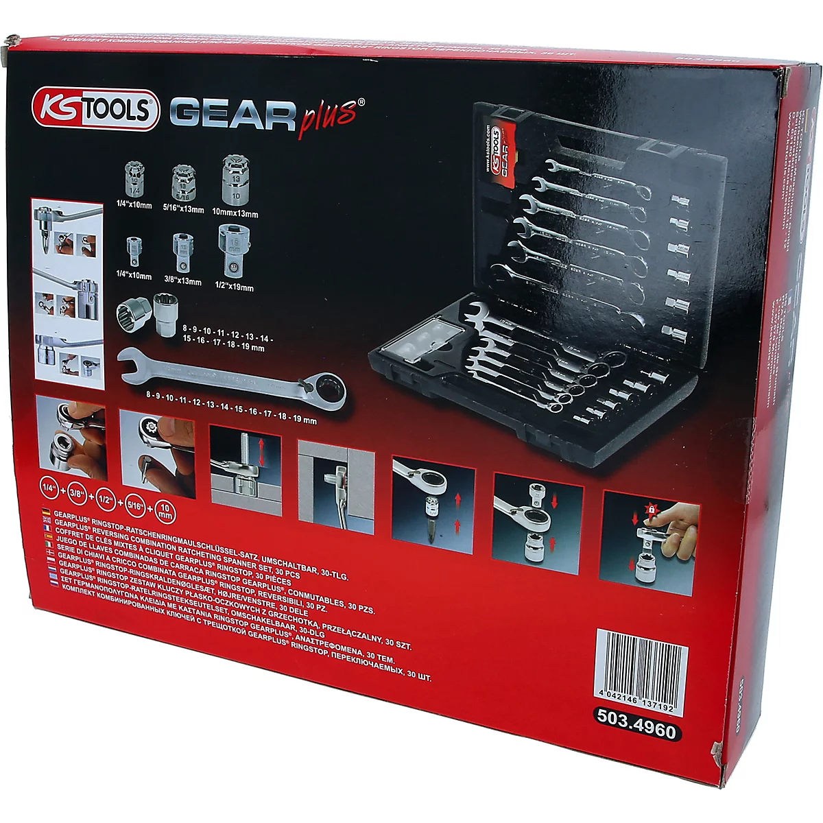 Schwarzer Werkzeugkasten von KS TOOLS mit silberfarbenen Schraubenschlüsseln und Knarren. Aufdruck: GEAR plus.