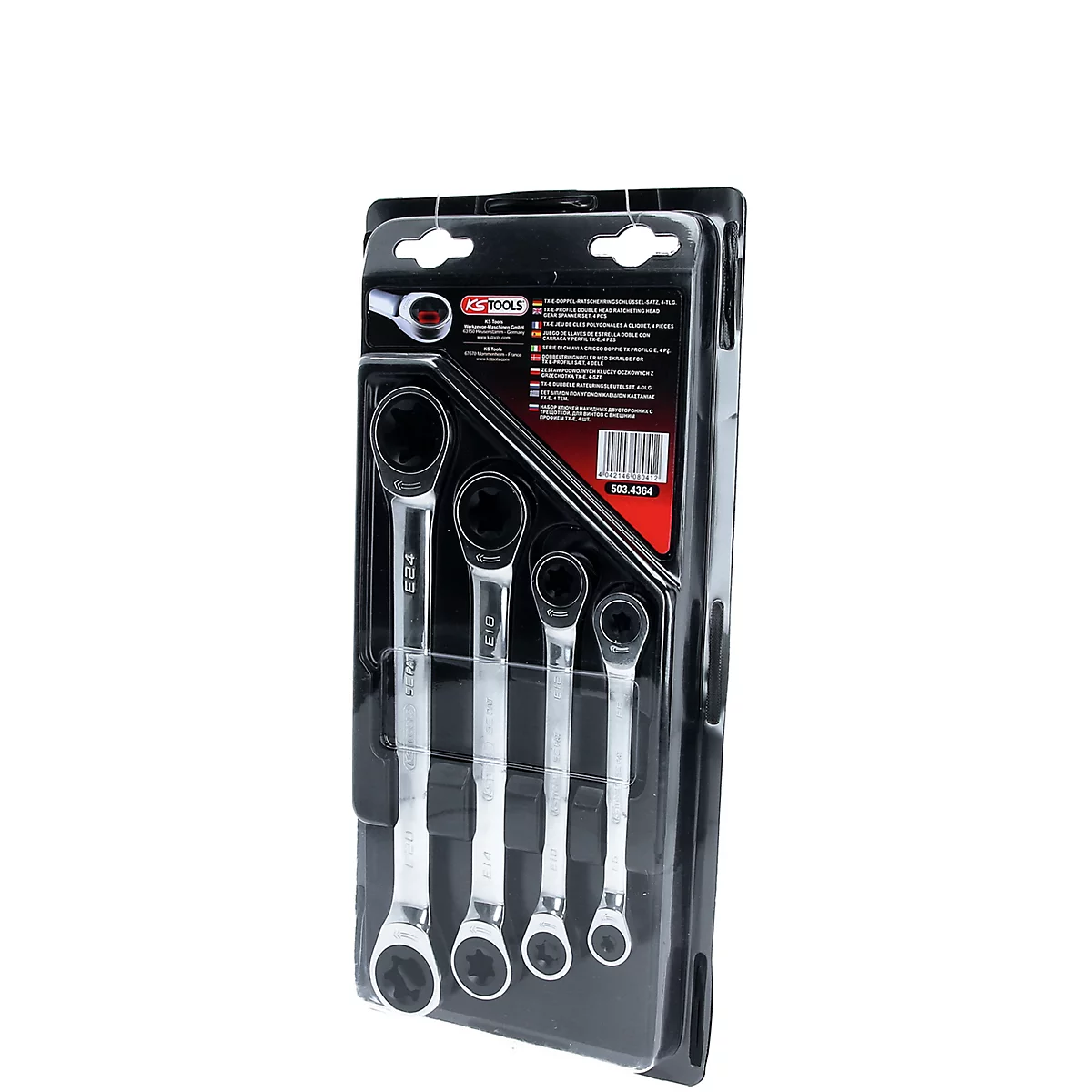 Set aus Ratschenschlüsseln in schwarzer Verpackung. Die Schlüssel liegen im Kunststoff. Aufgedruckte Schrift.