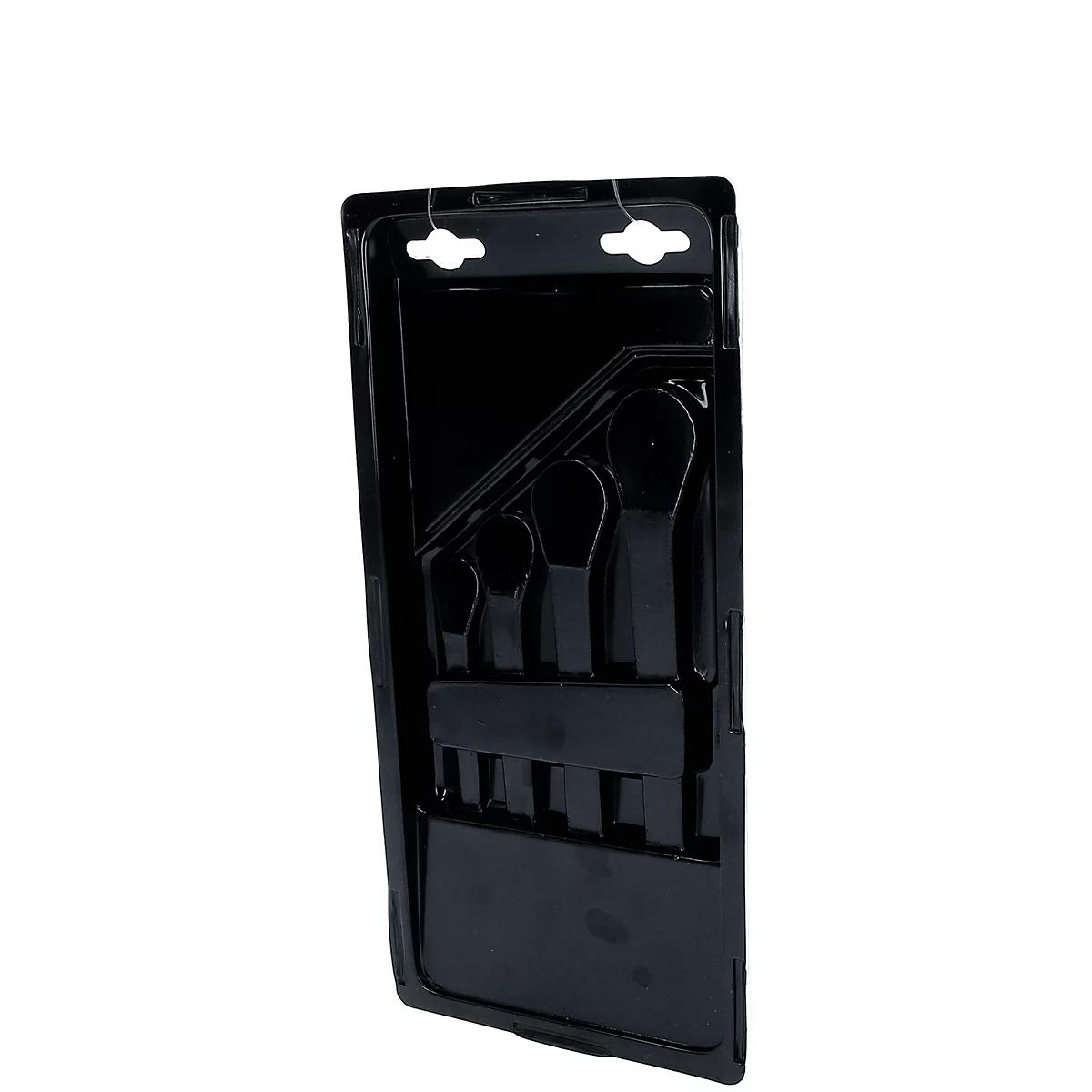 Ein Satz schwarzer Ringschlüssel in einer schwarzen Kunststoffverpackung. Die Schlüssel sind in verschiedenen Größen angeordnet.