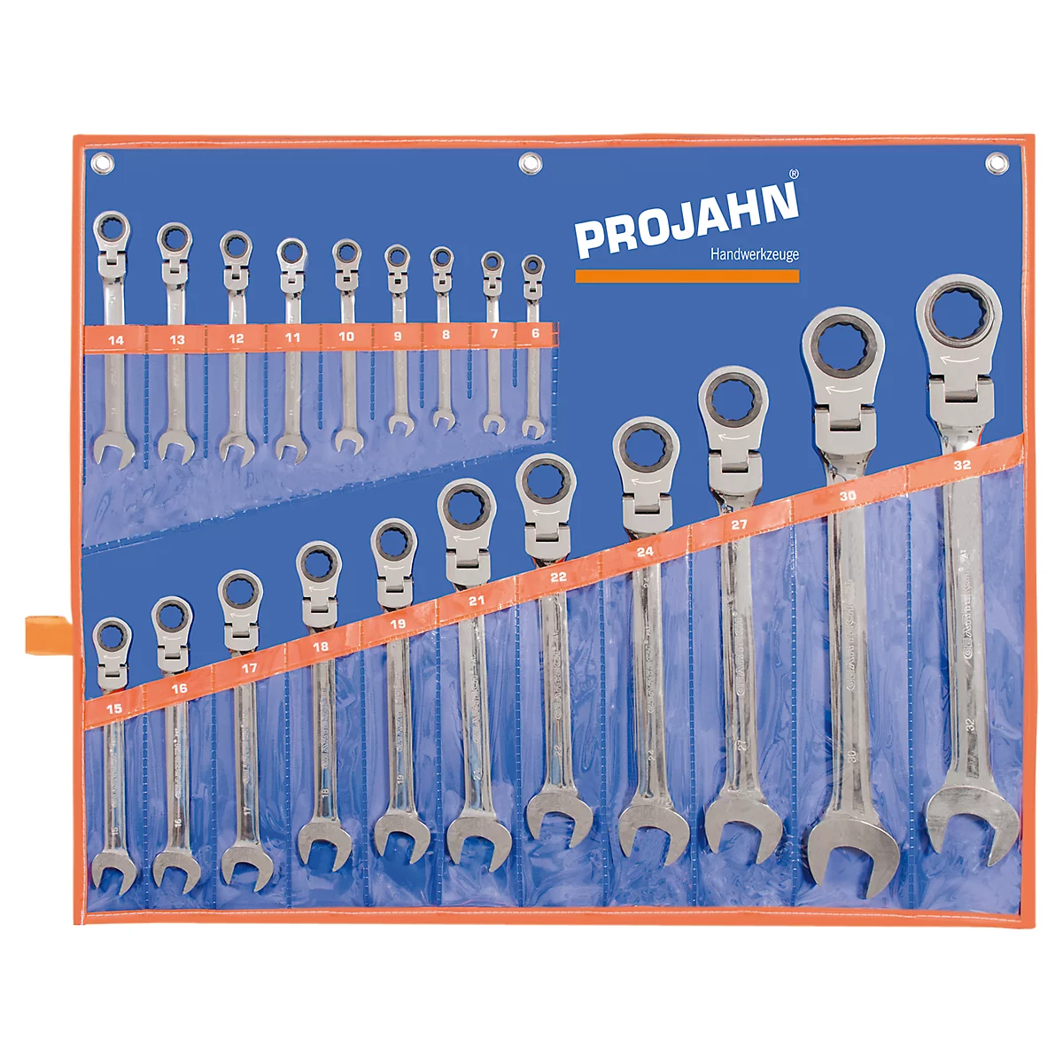 Toolbox with wrenches. Ring ratchet wrenches at the top, ring wrenches at the bottom. PROJAHN inscription.