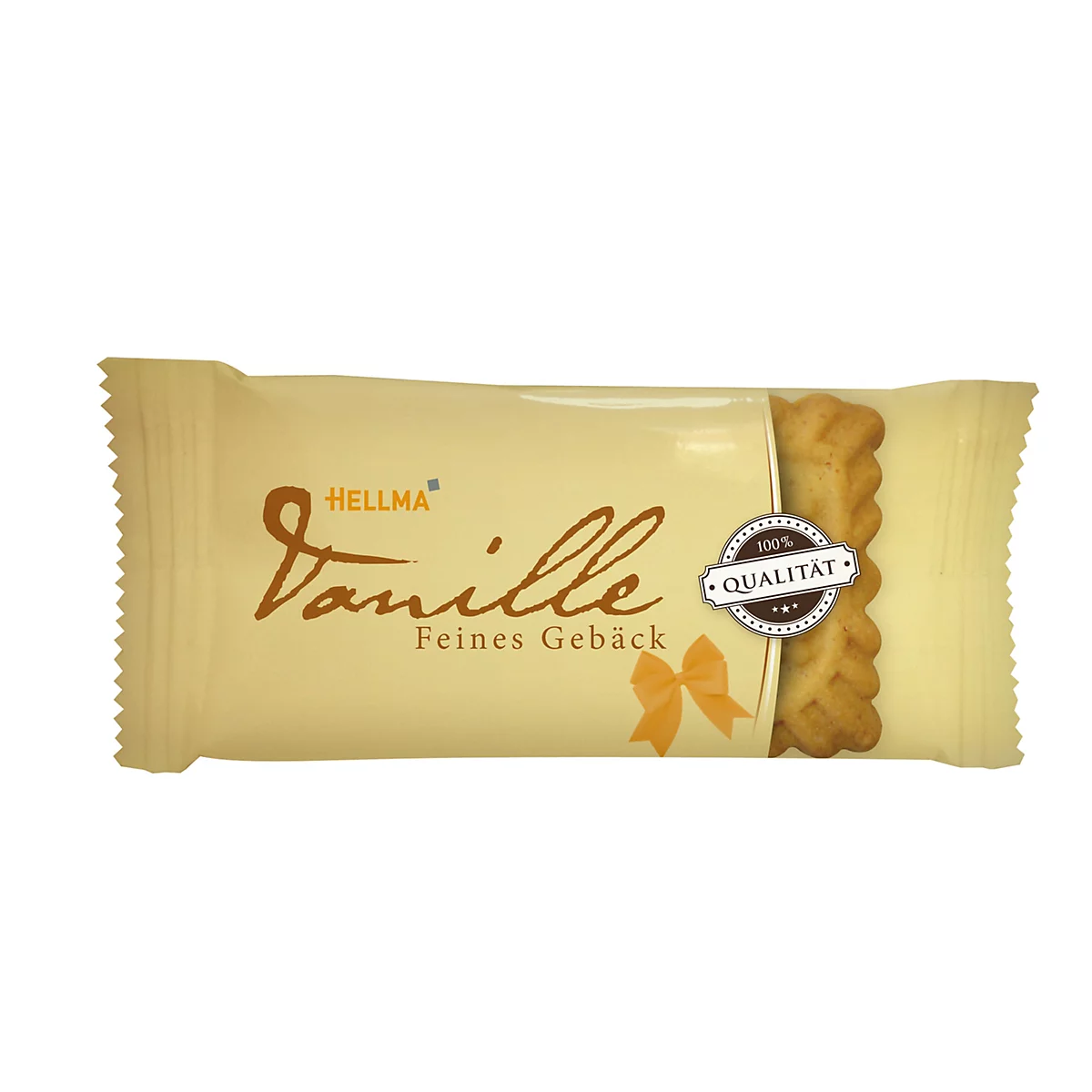 Hellma Vanille Gebäck in hellgelber Verpackung mit Qualitätssiegel und einer kleinen gelben Schleife.