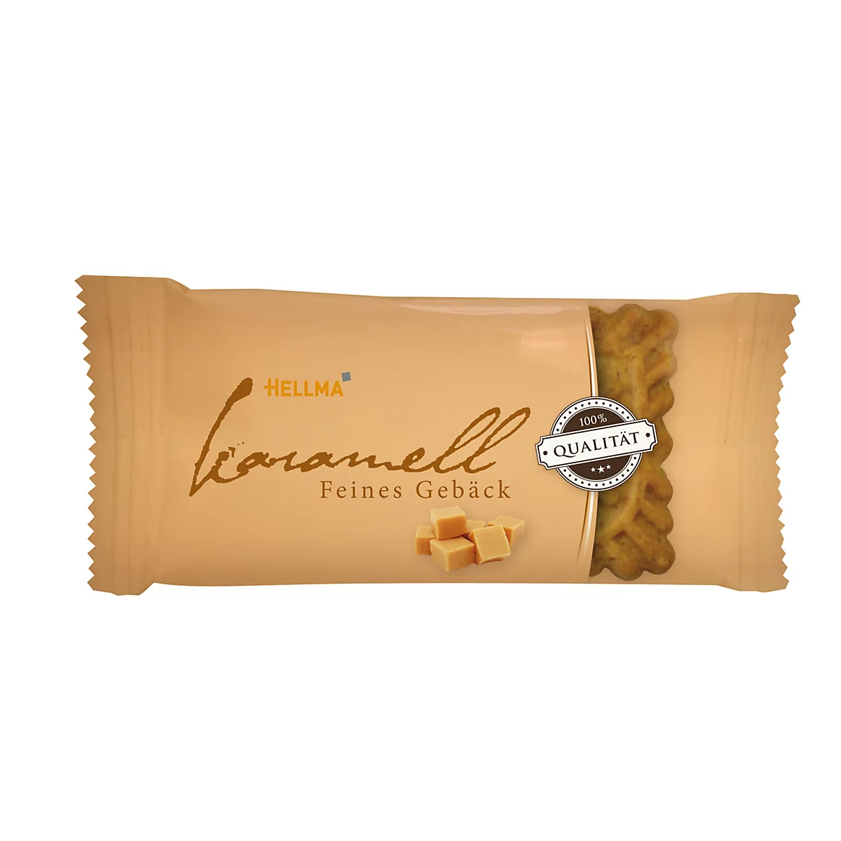 Hellma Karamell Gebäck in beiger Verpackung mit aufgedruckten Karamellwürfeln.