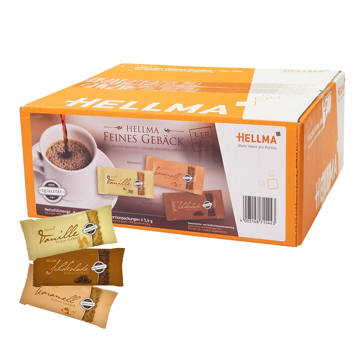 Karton mit Hellma Gebäck-Mischung und drei einzelnen Keks-Portionspackungen vor weißem Hintergrund.