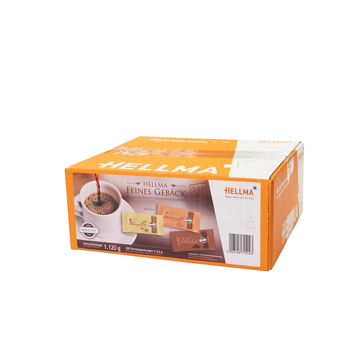 Ein Karton Hellma Feines Gebäck in einer orangen Verpackung mit einer Kaffeetasse und Gebäckstücken auf der Vorderseite.