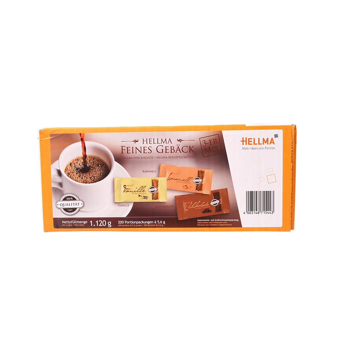 Rechteckige Verpackung von Hellma Feines Gebäck Mix mit 200 Portionen à 5,6 Gramm.