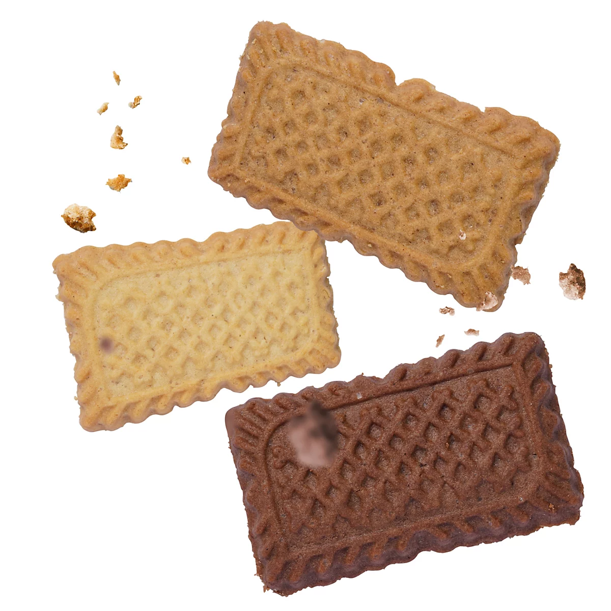 Drei rechteckige Keksstücke in verschiedenen Brauntönen mit Waffelmuster vor weißem Hintergrund.
