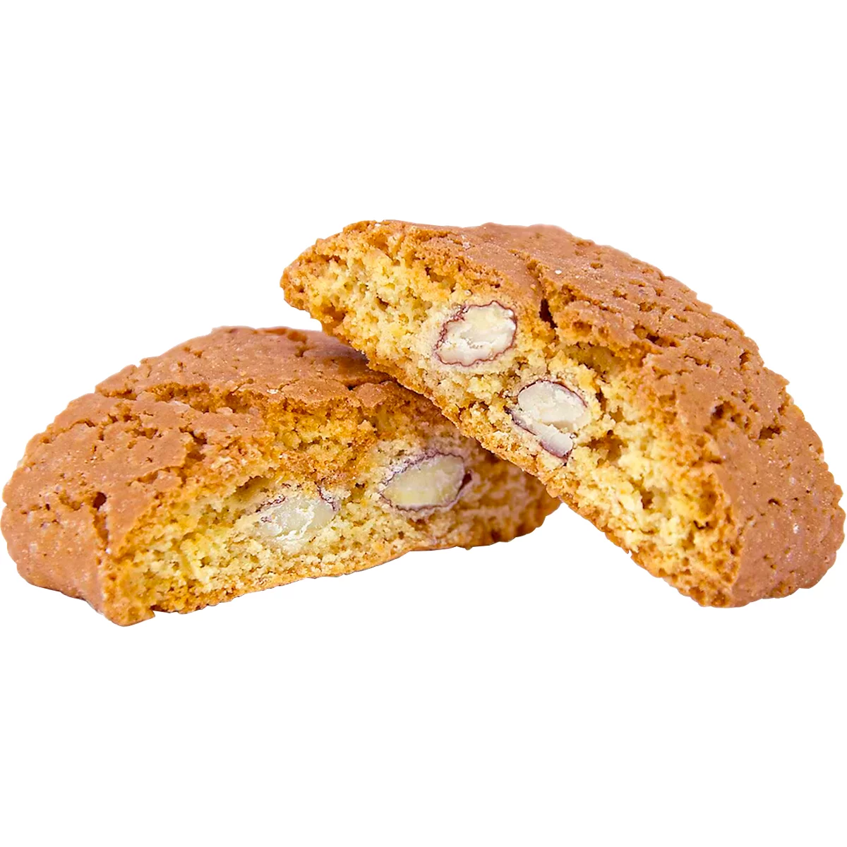 Zwei knusprige Cantuccini-Kekse, mit Mandeln durchzogen, auf weißem Grund.