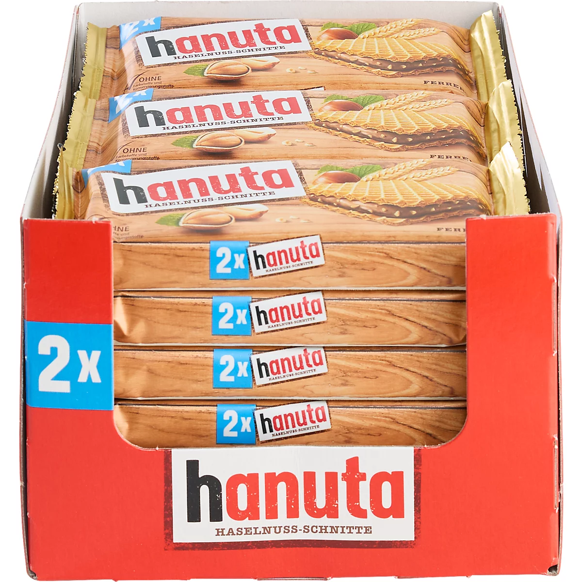 Display box filled with multiple Hanuta hazelnut wafer packs in a red cardboard box.