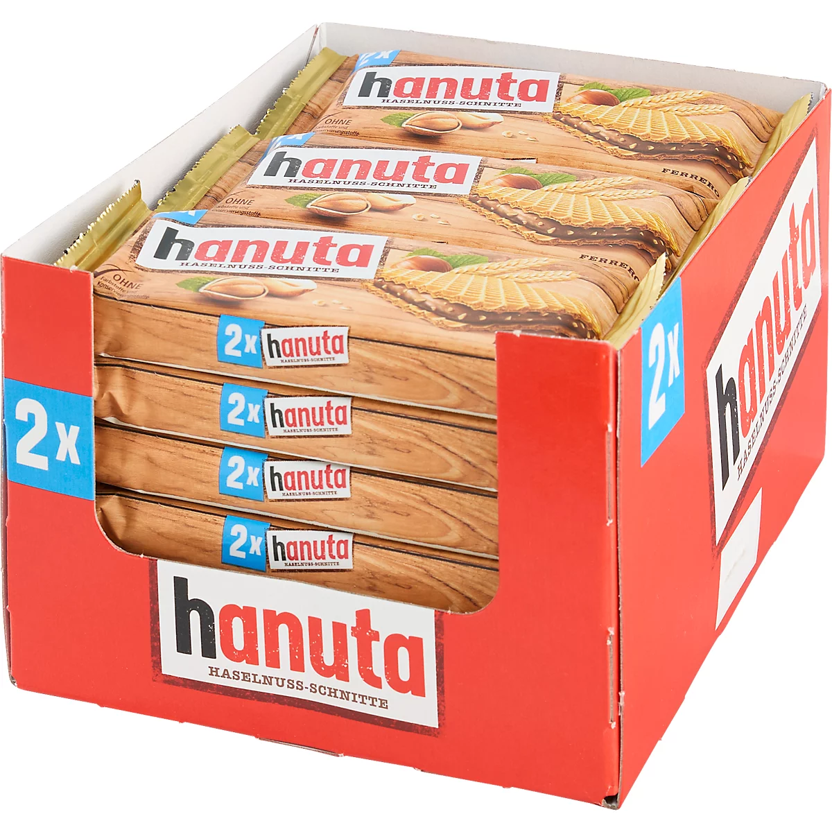 Display box filled with several Hanuta hazelnut wafer bars.