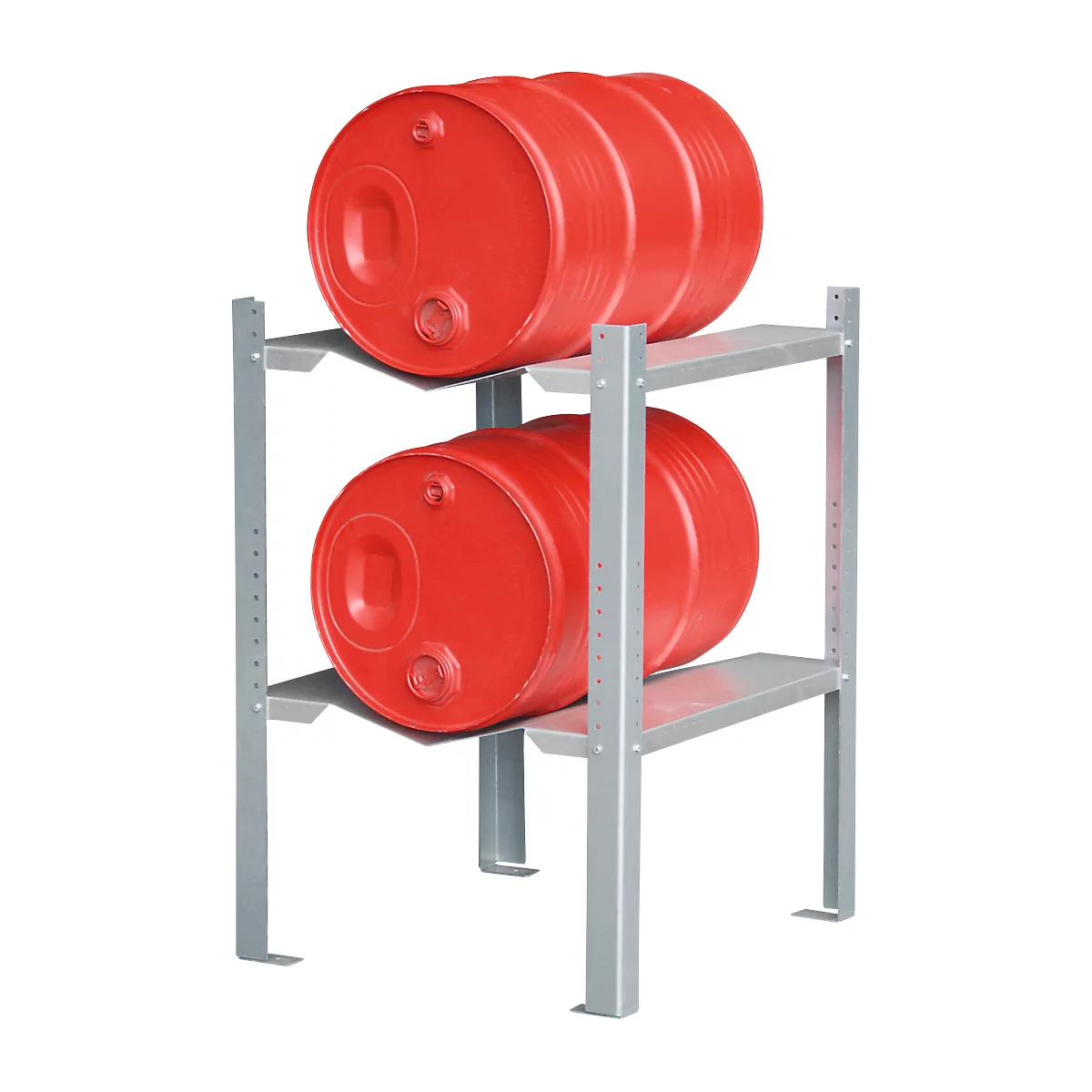 Two red barrels on a gray metal shelf divided into two levels.