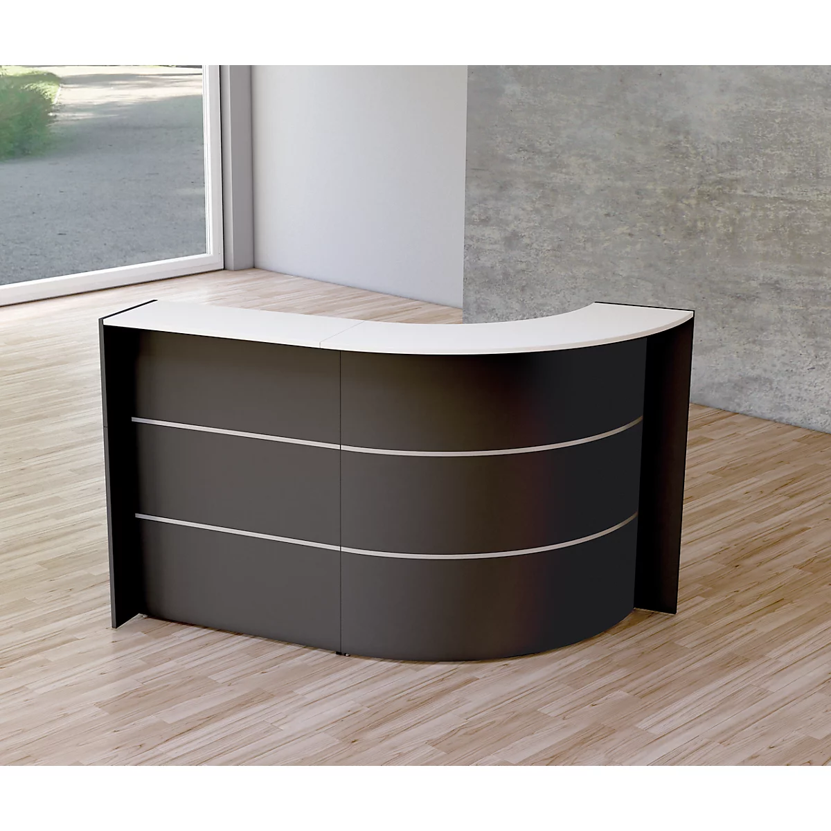 Gebogen ontvangstbalie Faro Kompakt, 2 elementen, kabelgeleiding, B 1750 x D 950 x 1120 mm, antraciet/antraciet