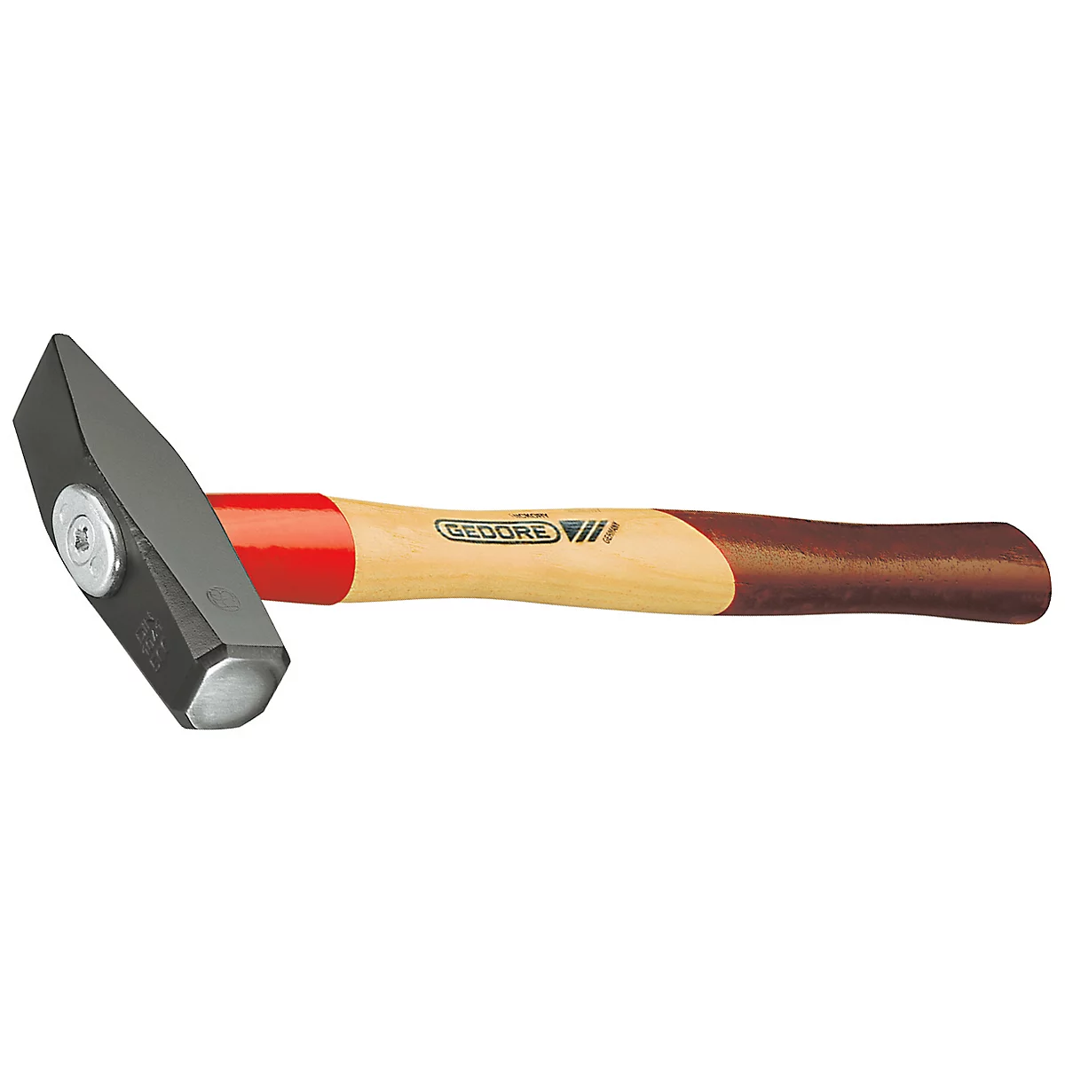 A metal hammer with wooden handle, red ring and manufacturer logo.