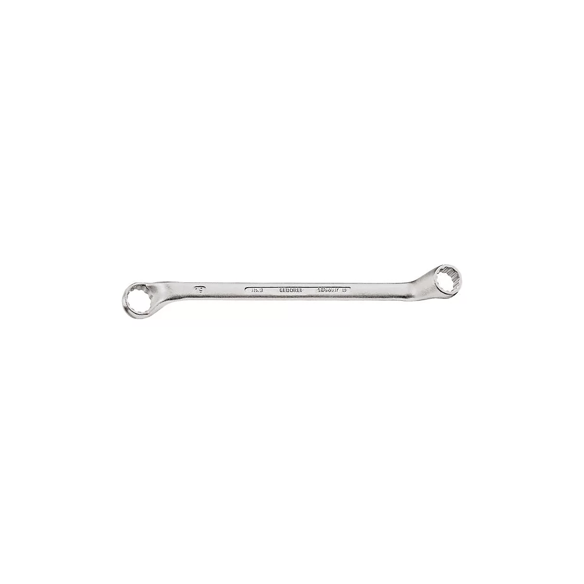 Ein metallischer Ringschlüssel, aus Stahl. Auf dem Schlüssel sind Schriftzüge eingraviert.