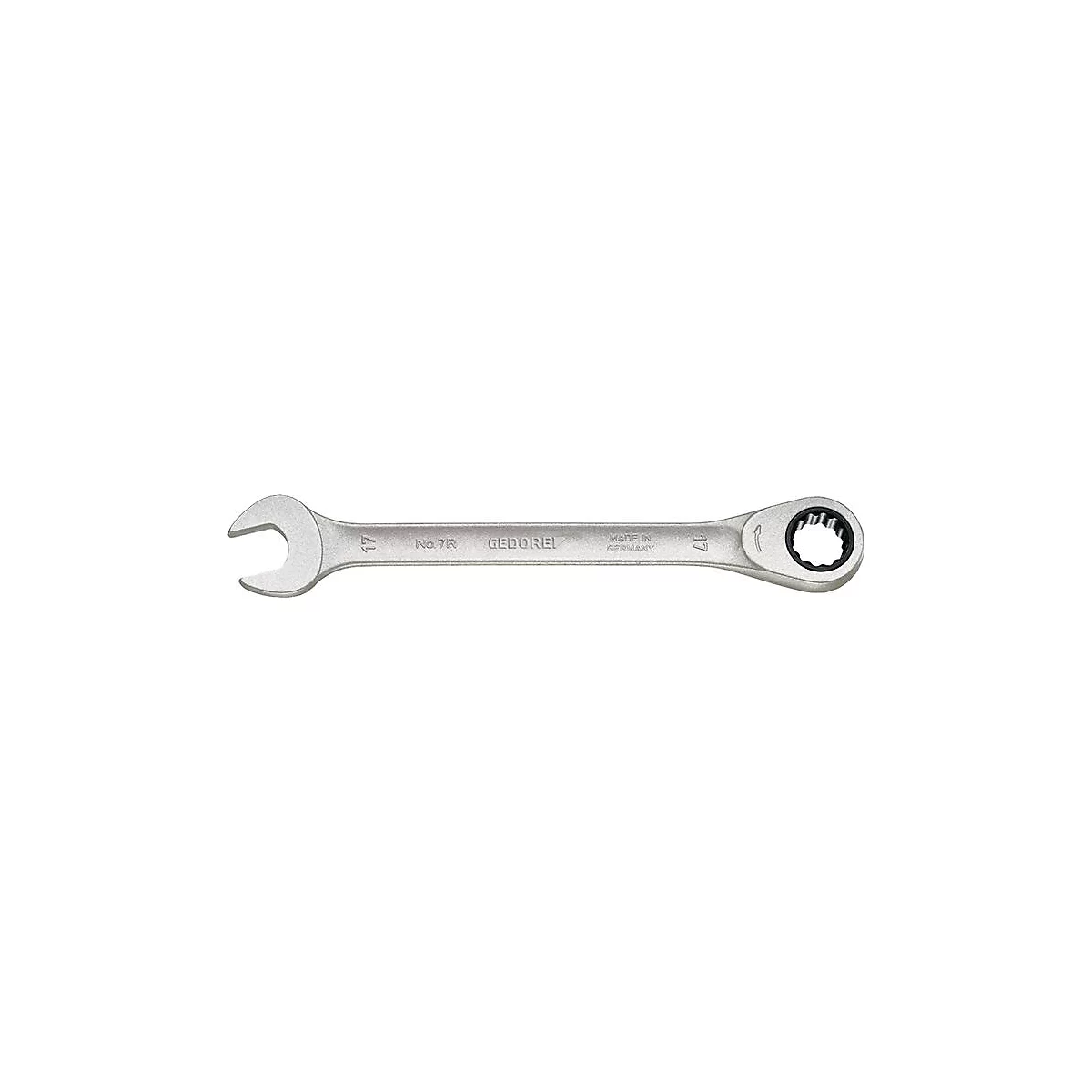 Ein silberner Schlüssel mit einer offenen und einer gezahnten Seite. Er ist mit „17“ und „GEDORE“ beschriftet, sowie „MADE IN GERMANY“.