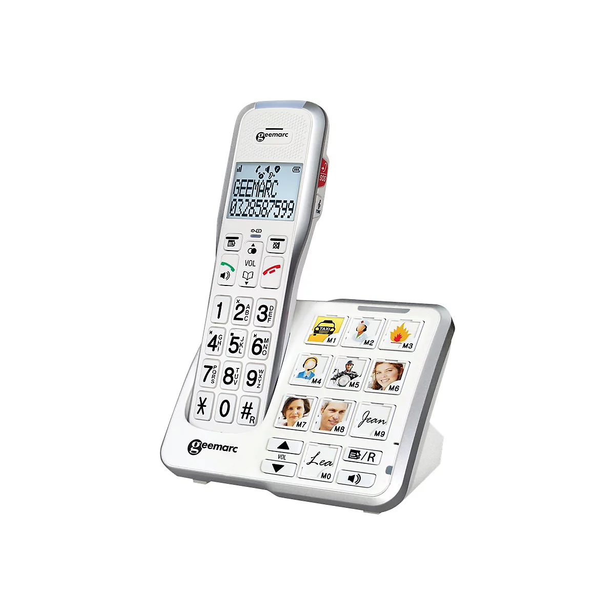 Silbernes Seniorentelefon mit großen Tasten und Fotowahl-Tasten an der Basisstation.