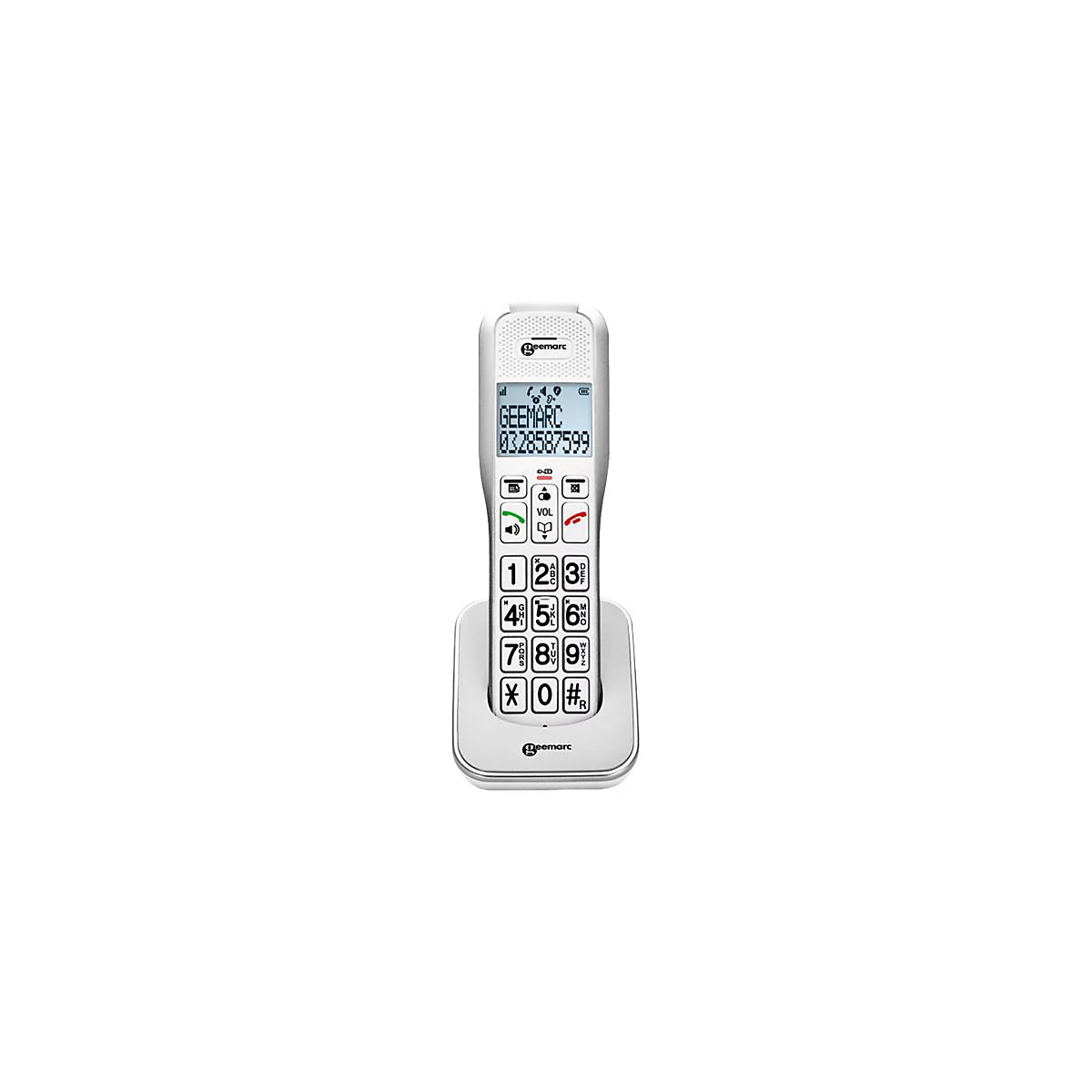 Weißes schnurloses Telefon von Geemarc mit großen Tasten und Display in der Ladestation.
