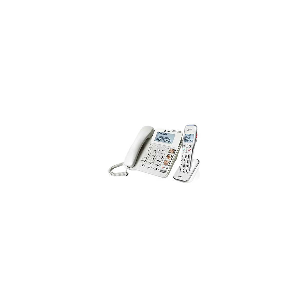 Weißes Geemarc-Seniorentelefon mit Basisstation, Hörer, Display und Kurzwahltasten mit Fotos.