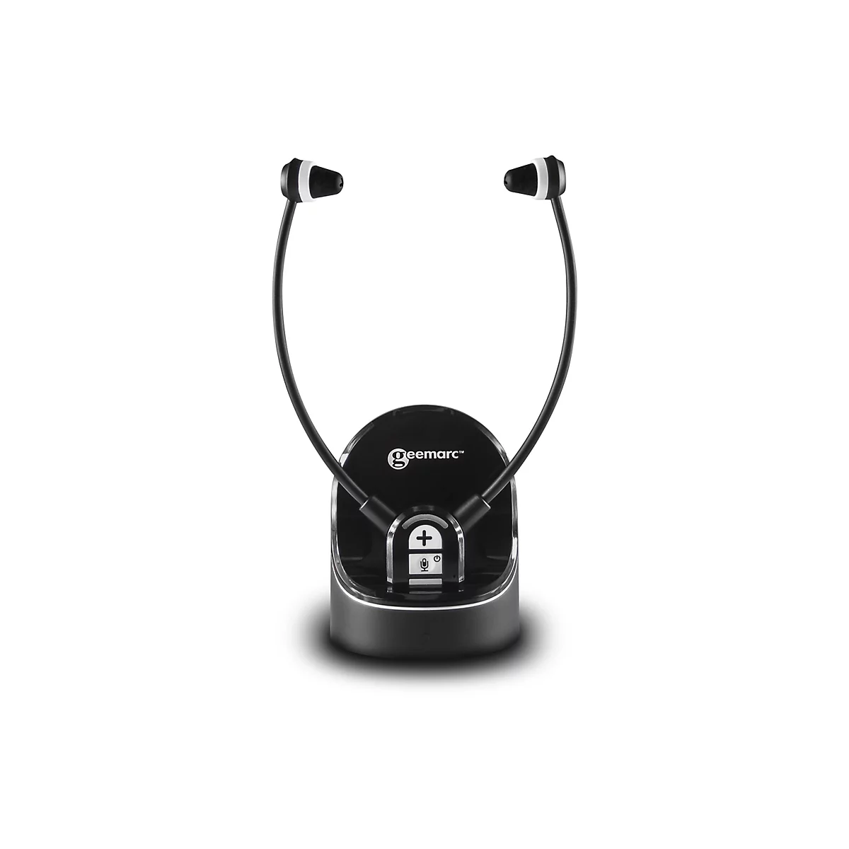 Schwarzes Kinnbügel-Headset mit Ladestation, Geemarc Logo und Lautstärketaste.