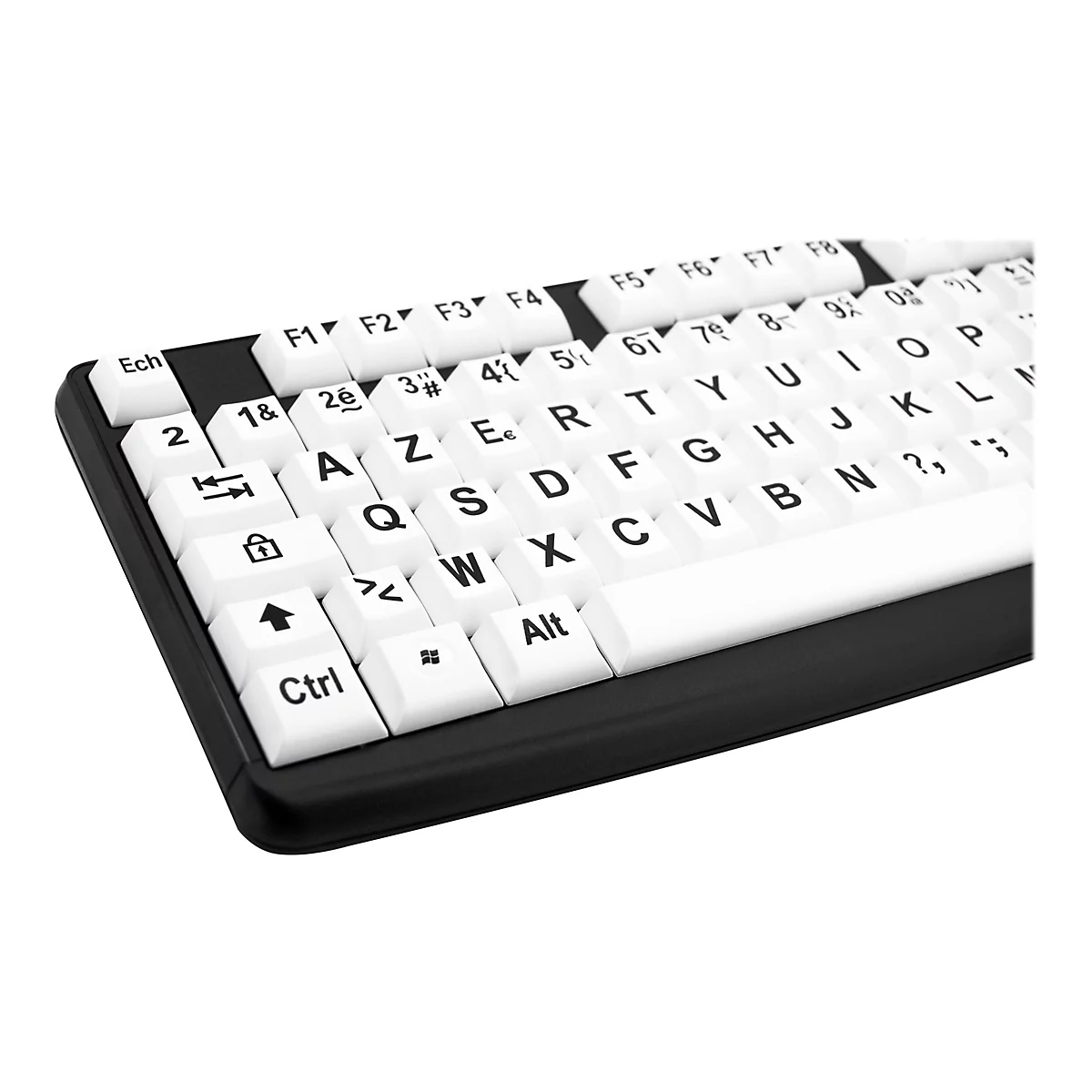 Nahaufnahme einer Tastatur mit weißen Tasten und schwarzem Rahmen. Die Buchstaben, Zahlen und Sonderzeichen sind deutlich zu erkennen.