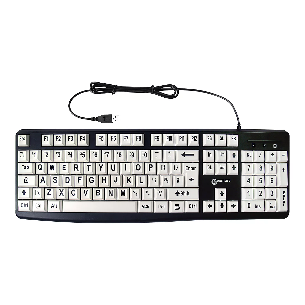 Schwarze Tastatur mit weißen Tasten und USB-Kabel. Tasten mit Beschriftung wie Buchstaben, Zahlen und Funktionstasten.