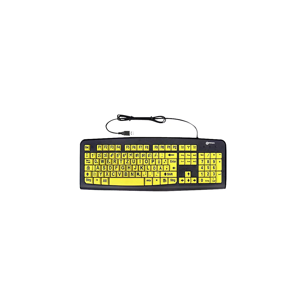 Schwarze Tastatur mit gelben Buchstaben. USB-Kabel. Aufschrift: Buchstaben, Zahlen, Enter, Shift, Strg.