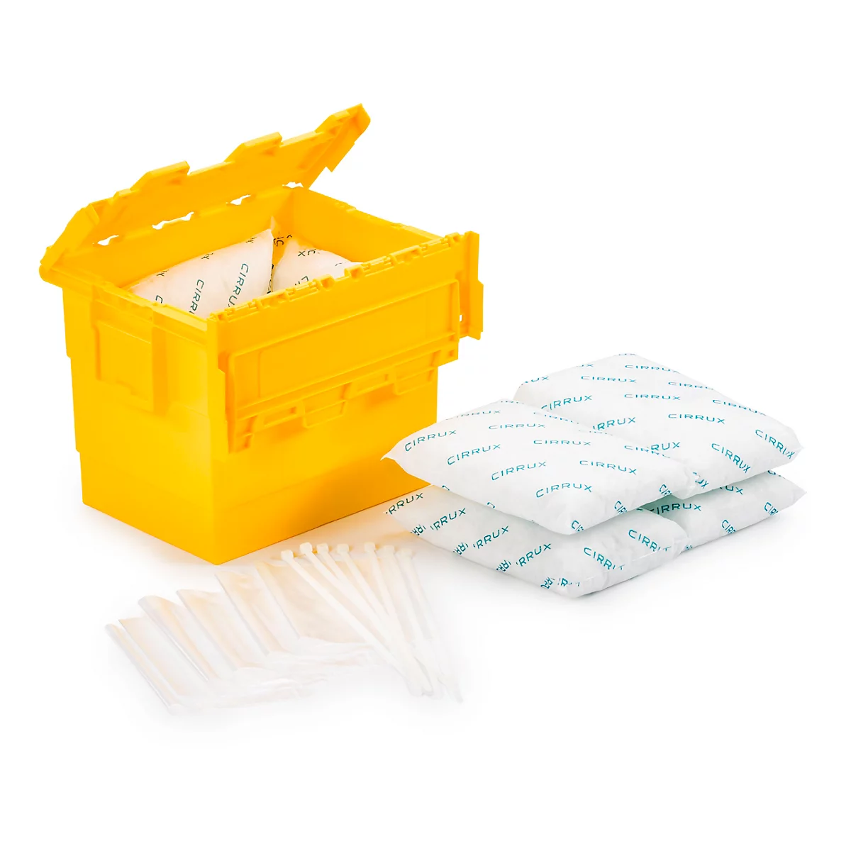 Gelbe Transportbox, geöffnet, gefüllt mit Kühlkissen, daneben Kühlkissen und Pipetten.