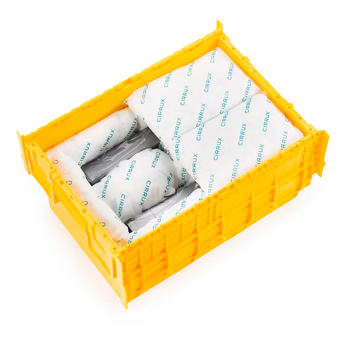 Gelbe Transportbox mit gepolsterten Inhalten. Einige verpackte Rollen und Kissen sind sichtbar.