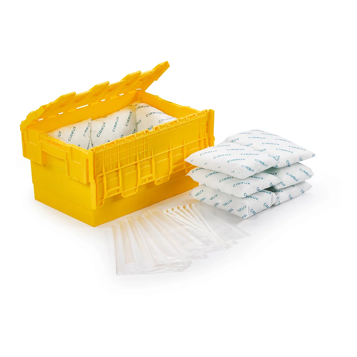 Gelbe Kiste mit geöffnetem Deckel, gefüllt mit weißen Pads. Daneben liegen Pads und transparente Beutel.